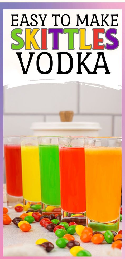 Skittles Vodka is an easy to make and a treat that is always a huge hit! You can make it in minutes and it is perfect for gifting or parties! Easy Skittles vodka recipe. Skittles Shots Recipe, Skittles Shot, Skittles Drink, Skittles Vodka, Skittles Rainbow, Elderflower Cocktail, Cheap Vodka, Cucumber Vodka, Dry Measuring Cups