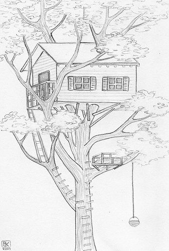 Treehouse with Bucket | by Katy Kristin Two Point Perspective Drawing Treehouse, Tree House Drawing Easy, Treehouse Drawing Simple, Treehouse Sketch, Architecture Drawing Easy, Treehouse Drawing, Tree House Drawing, House Drawings, Landscape Pencil Drawings