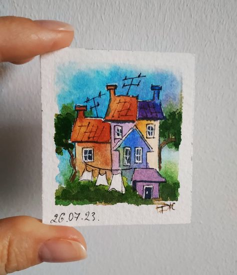 100% Original miniature watercolor painting.                                                                                                                                                            Written with lightfast transparent watercolor on 300g / m2 acid-free watercolor paper, 100% cotton. This painting is NOT framed. It will need to be issued for glass.                                              Quality delivery with track number Small Water Colour Painting, Watercolor House Painting Simple, Simple Watercolor Ideas, Tiny Watercolor Paintings, Miniature Watercolors, Miniature Watercolor Paintings, Mini Watercolor Paintings, Watercolor Houses, Tiny Watercolor