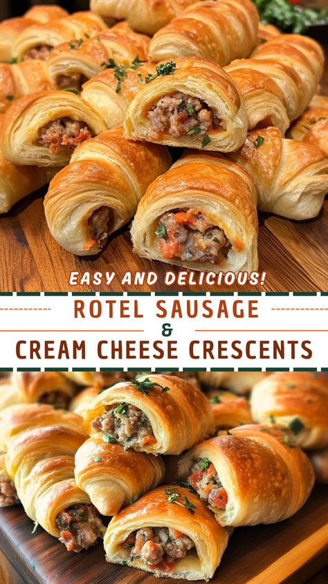 Easy & Delicious Rotel Sausage & Cream Cheese Crescents Italian Sausage Crescent Roll Recipes, Sausage Cream Cheese Rotel Crescents, Dinner Ideas With Croissant Rolls, Croissant Sausage Cream Cheese, Rotel Sausage And Cream Cheese Crescent Rolls, Sausage Cream Cheese Rotel Crescent Rolls, Sausage Crossiant Rolls, Rotes Sausage And Cream Cheese Crescents, Rotel Sausage Cream Cheese Croissant