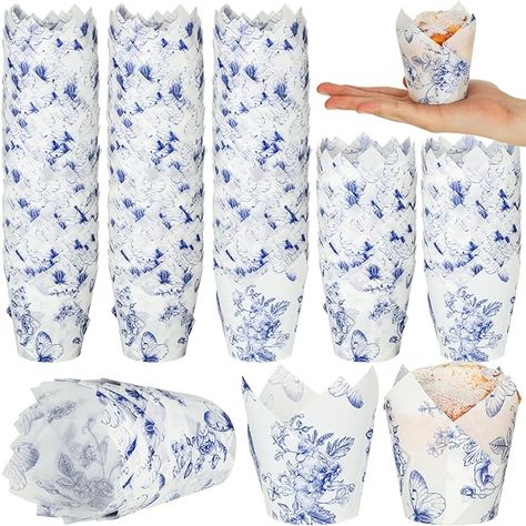 Amazon.com: Gerrii 200 Pcs Christmas Chinoiserie Tulip Cupcake Liners Blue White Paper Baking Cups Cupcake Wrappers Tea Parties Mini Muffin Case for Wedding Party Bridal Baby Shower Decoration(Blue Flower): Home & Kitchen Tulip Cupcake Liners, Mini Baking, Party Wedding Reception, Butterfly Patterns, Wedding Tea Party, Flower Tulip, Bridal Shower Inspo, Cupcake Baking, Something Blue Bridal