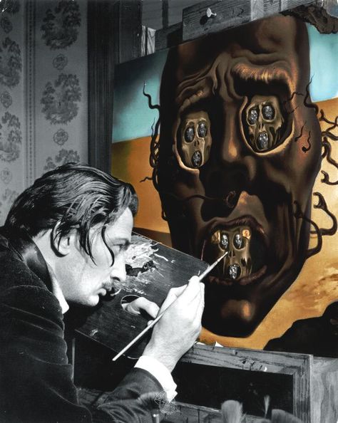 Colorized image of Salvador Dali painting "The Face of War" in 1940! FuturistSpeaker.com #dali #faceofway #brilliantartistry Salvador Dali Paintings Surrealism, Dali Melting Clock, Salvador Dali Melting Clocks, Salvador Dali Landscape, Dali Museum, Salvador Dali Paintings, Salvador Dali Art, Artemisia Gentileschi, Dali Paintings