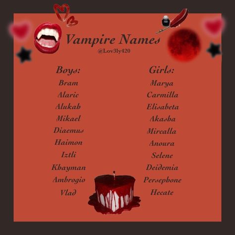 Vampire Last Names List, Vampire Female Names, Vampire Names List, Gothic Names Victorian, Vampire Name Ideas, Gothic Name Ideas, Vampire Usernames, Vampire Username Ideas, Vampire Names Guys