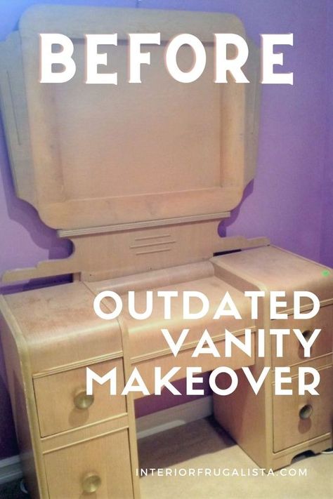 Redoing Vanity Makeup, Vanity Table Makeover, Old Vanity Ideas Repurposed, Waterfall Vanity Makeover Vintage, Art Deco Vanity Bathroom, Art Deco Vanity Makeover, Turn Desk Into Makeup Vanity, Painted Vanity Makeup, Vanity Redo Ideas