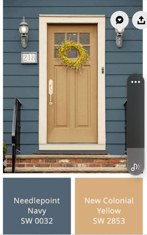 Houses With Yellow Doors, Yellow House Door Color, Mustard Exterior House Colors, Front Door Colors Yellow, Yellow Doors On Houses, Mustard Front Door, Blue House Door Color Ideas, House With Yellow Door, House Doors Colors