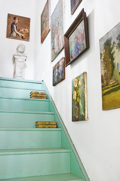 1700s Farmhouse, Blue Staircase, Painted Stair Risers, White Stair Risers, Nancy Meyers Aesthetic, Spool Bed, Farmhouse Stairs, Framed Needlepoint, Bold Paint Colors