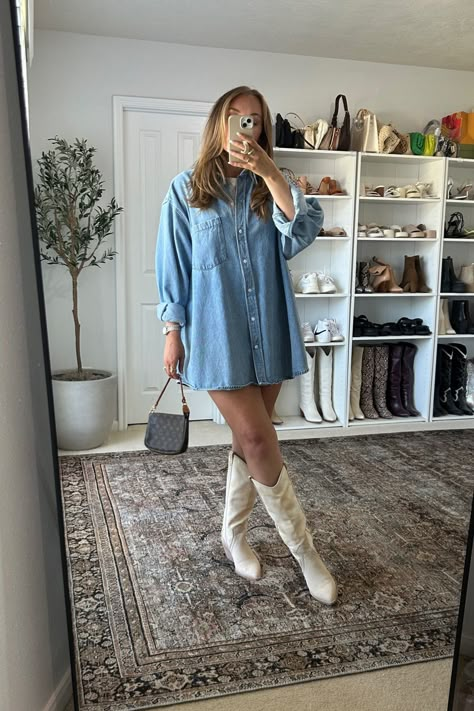 Wmns LS Western Snap Denim … curated on LTK Western Denim Outfit, Blue Cowboy Boots Outfit, Denim Dress With Boots, Stock Show Outfits, Denim Party Outfit, Outfit Vaquero, Blue Cowboy Boots, Denim Dress Outfit, Nashville Outfit