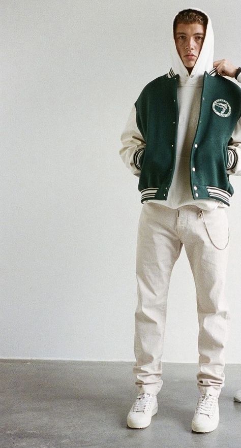 Green Varsity Jacket Outfit Men, Varsity Jacket Aesthetic Boy, Baseball Jacket Outfit Men, University Jacket Outfit, University Outfit Men, Green Varsity Jacket Outfit, Varsity Jacket Outfit Mens, Varsity Jacket Aesthetic, Varsity Outfit