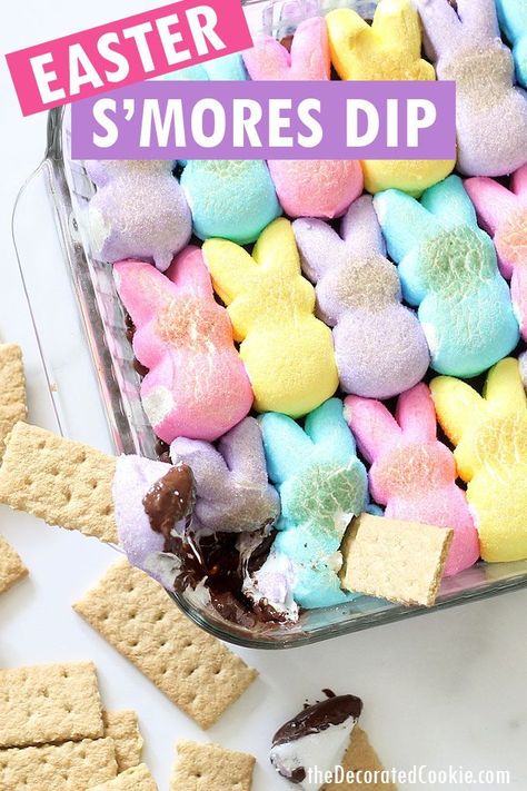 Easter Cookout Food, Peeps Smores Dip, Easy Easter Potluck Ideas, Peeps Theme Easter Party, Easter Themed Food Appetizers, Easy Easter Desserts For A Crowd, Peep Desserts, Easter Finger Food Ideas, Easter Potluck Ideas