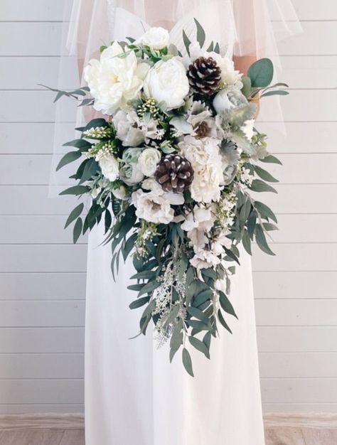 Cascade Winter Wedding Bouquet, Winter Wedding Bouquet Evergreen Cascading, Cascading Winter Bouquet, Cascading Wedding Bouquets Winter, Winter Wedding Bouquet White, January Wedding Flowers, Winter Wedding Flowers Bouquets, Wedding Bouquet Winter, Woodland Wedding Bouquet