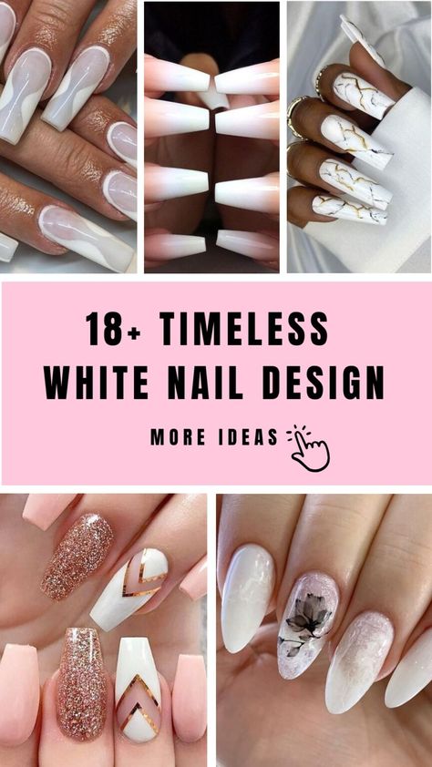 19 Chic and Timeless White Nail Design Ideas White Nail Tips With Design, White Nails Ideas 2024, Summer White Nails 2024, White Nails Gold Design, White Nail Designs Coffin, White French Nail Designs, Bday Nails Ideas, French Manicure Long Nails, White Nail Design Ideas