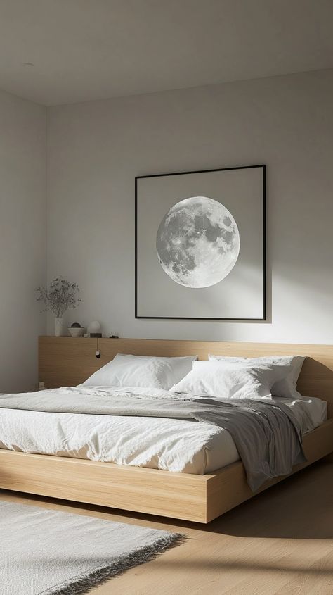 Modern teen girl's bedroom with a floating bed, light wood decor, and a moon print above the headboard for soft lighting. Light Wood Accents, Vibrant Color Schemes, Bed Light, Floating Bed, White Palette, Cute Bedroom Ideas, Cute Bedroom, Large Framed Prints