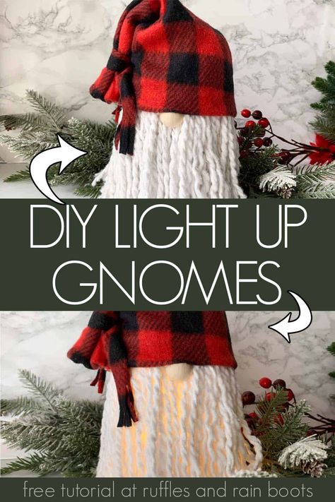 Light Up Gnome Tutorial, Lighted Christmas Gnomes Diy, Christmas Craft Gnomes, Vase Gnomes, Dollar Tree Gnomes With Mop, Glowing Gnomes Diy, Lighted Gnomes Diy, Diy Light Up Gnomes, Gnome With Christmas Lights