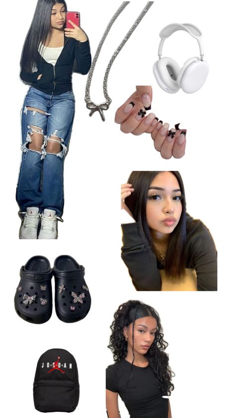 Latina makeup, casual clothes, ripped jeans, crocs, black crop jacket, white tee Black Crocs Outfit, Black Crop Jacket, Crocs Outfit, Cropped Black Jacket, Black Crocs, Latina Makeup, Latina Outfits, Crocs Black, Latina Fashion Outfits