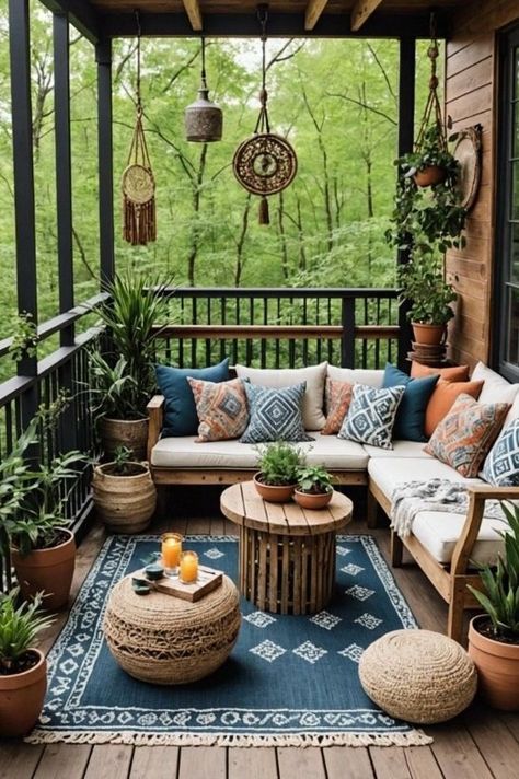 Outdoor Boho Furniture, Balcony Deck Ideas, Spanish Balcony, Outdoor Deck Ideas, Bohemian Balcony, Boho Deck Decorating Ideas, Small Decks, Small Balcony Furniture, Cabin Patio