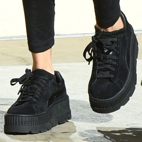 Selena switches to her Puma x Fenty by Rihanna creeper sneakers Puma Platform Sneakers Outfit, Rihanna Puma, Black Creepers, Puma Creepers, Puma Rihanna, Korean Shoes, Creepers Shoes, Dr Shoes, Chunky Shoes