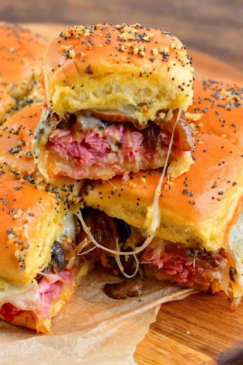 Corned Beef Sliders Corned Beef Sliders, Sauteed Mushrooms And Onions, Baked Corned Beef, Sliders Recipes Beef, Corned Beef Sandwich, Corn Beef, Mushrooms And Onions, Slider Sandwiches, Beef Sliders