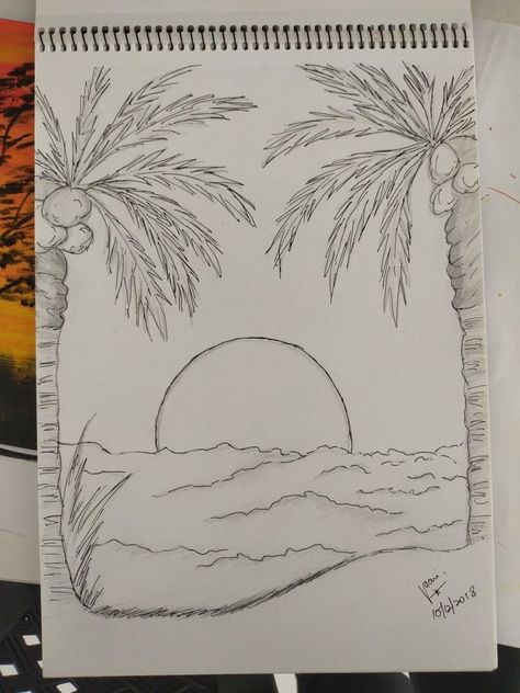 Drawing Of The Beach Pencil, Cool Things To Draw Aesthetic, Simple Drawing Nature, Drawing Of Beach Scene, Lazy Sketch Drawings, Simple Beach Scene Drawing, Summer Art Drawing Ideas, Drawing Of Outside, Drawing Ideas Beach Scene