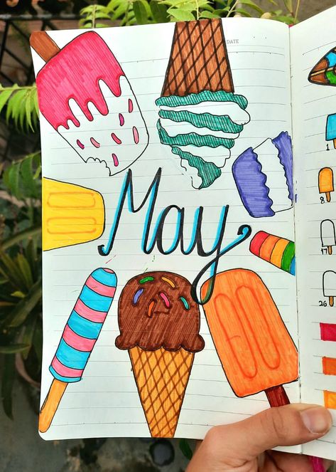 Cover Page For Drawing Book, Cute Drawings Aesthetic Easy, Ice Cream Aesthetic Drawing, Ice Cream Doodle Art, May Drawings, Drawing Cover Page, Cute Ice Cream Drawings, May Doodles, May Aesthetic Month