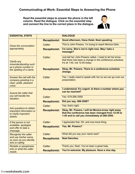 Phone Calls at Work: Taking a Message - Interactive worksheet Answering Phones At Work, Phone Ettiquite At Work, Receptionist Tips, Business Vocabulary, Phone Etiquette, Conversation Questions, Job Tips, Business English, Work Skills