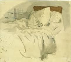 Delacroix_An_unmade_bed_Watercolour_over_graphite_on_laid_paper_20.6x24.1cm Unmade Bed, Romanticism Artists, Lead Pencil, Romanesque Art, Eugène Delacroix, Drawing Hair Tutorial, A Level Art, High Art, Painting Illustration