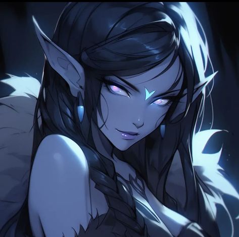 Dark Elf Anime, Drow Female Art, Dragon Woman Art, Dark Elf Character Design, Anime Elf Woman, Elf Ears Drawing, Elf Pfp, Dark Elf Female, Demon Elf