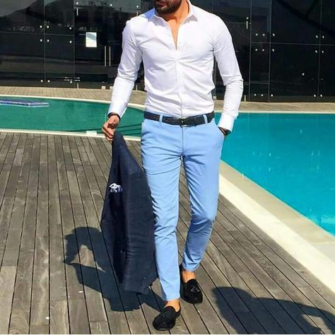 Light Blue Dress Pants, Blue Chinos Men, Chinos Men Outfit, Blue Pants Outfit, Light Blue Chinos, Jogger Outfit, Dress Pants Outfits, Light Blue Pants, White Jeans Men