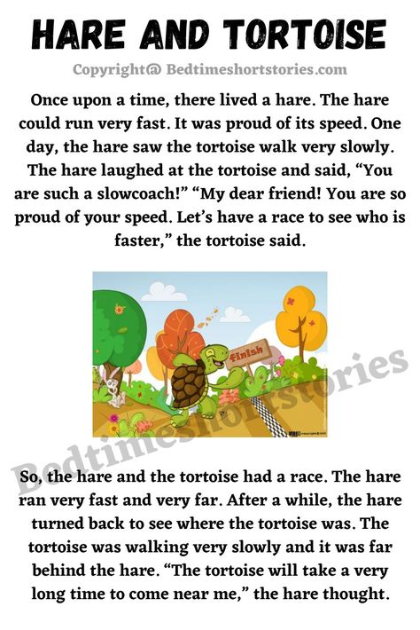 This is the Hare And Tortoise Story for kids. Full story in link above, read now. Hare And Tortoise, English Poems For Kids, Money Mantras, English Grammar For Kids, Short Moral Stories, Reading Comprehension Kindergarten, English Stories For Kids, English Short Stories, Grammar For Kids