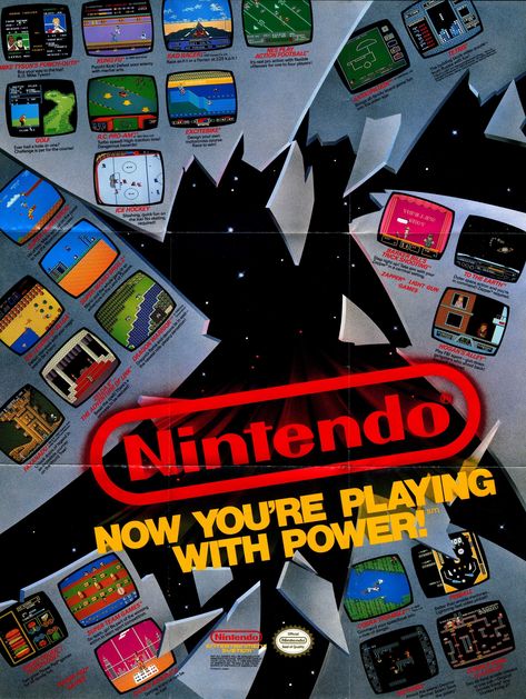 Nintendo - Now You're Playing with Power! (1988) Retro NES Scanned Poster Nintendo Poster, 80s Poster, Retro Games Poster, 80s Video Games, Video Game Posters, Memphis Design, Classic Video Games, Nintendo Nes, Album Cover Design