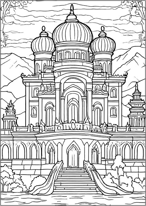 Imaginary Indian palace - JustColor.net : Free printable coloring pages for adults and kids Houses Coloring Pages, Ancient Greece Mythology, Indian Palace, Egypt Hieroglyphics, Tibet Art, Pop Art Tattoos, Galleries Architecture, Palace Architecture, Greece Mythology