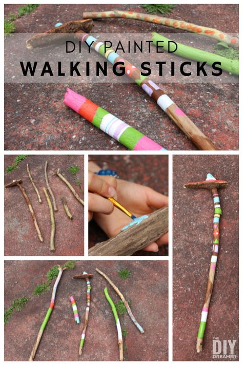 DIY Painted Walking Sticks - Glamping Projects Walking Stick Craft, Decorated Walking Sticks, Painted Walking Sticks Ideas, Walking Sticks Diy, Painted Walking Sticks, Diy Walking Stick, Camping Craft, Log Crafts, Wooded Path