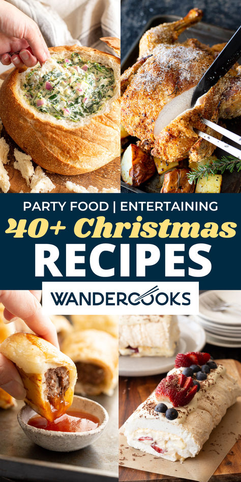 A collage of Christmas recipes including cob loaf dip. chicken roast, sausage rolls and pavlova roll. New Year Lunch Ideas, Christmas Food Ideas For Lunch, Christmas Day Recipes, Simple Christmas Recipes, Classic Pavlova, Family Christmas Food, Custard Trifle, Classic Christmas Recipes, Trifle Recipes