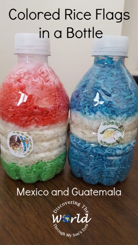 Colored Rice Flags in a Bottle – Discovering the World Through My Son's Eyes Mexico Sensory Bin, El Salvador Crafts For Kids, Mexican Flag Craft, Guatemala Crafts For Kids, Mexico Preschool Activities, Around The World Crafts For Toddlers, Around The World Activities For Toddlers, Mexican Independence Day Crafts, Hispanic Heritage Month Crafts Preschool