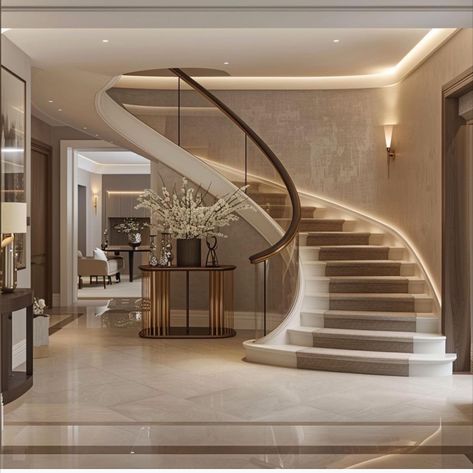 Beautiful luxurious interiors #interiors Curved Stairs Decor, Tangga Aesthetic, Modern Stairs Design Ideas, Aesthetic Staircase, Staircase Aesthetic, Circle Stairs, Curved Stairway, Brian Gluckstein, Modern Staircase Design