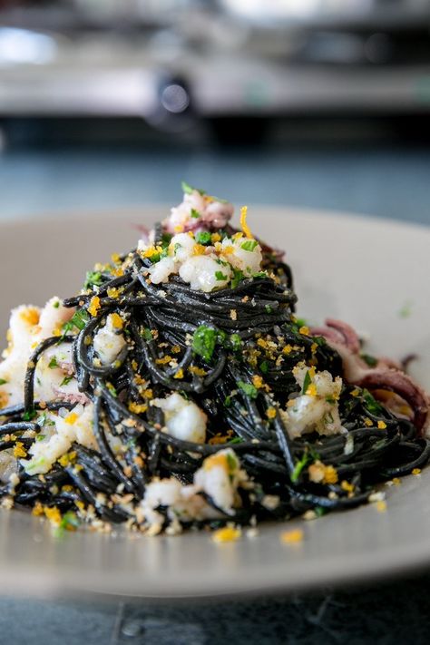 black-ink-pasta-with-rock-shrimp-bottarga Black Ink Pasta, Squid Ink Pasta Recipe, Black Pasta, Ink Pasta, Rock Shrimp, Fish Roe, Pasta Seafood, Squid Ink Pasta, Cauliflower Puree