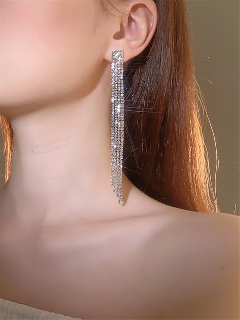 Silver Prom Jewelry, Rhinestone Earrings Studs, Graduation Jewelry, Formal Jewelry, Prom Accessories, Prom Earrings, Long Tassel Earrings, Prom Jewelry, Tassel Drop Earrings