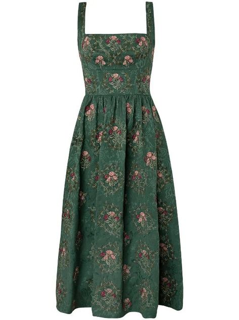 Green Dresses Formal, Abbie Core, Pink Green Outfit, Hobbit Clothes, Embroidery Square, Midi Dress Green, Skirt Straight, Bold Dresses, Estilo Hippie