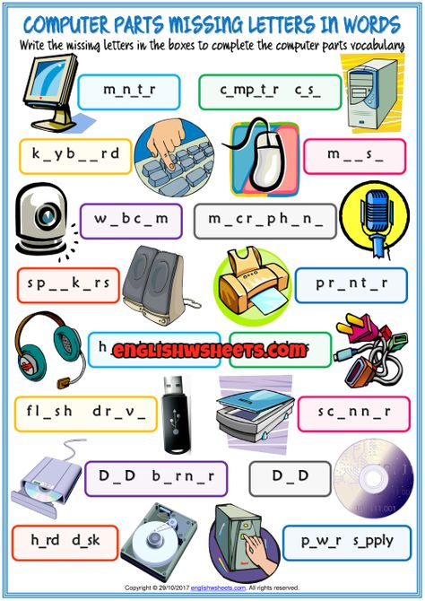 Computer Parts Missing Letters In Words Exercise Worksheet Computer Basics Worksheet, Computer Activity Ideas, Parts Of Computer Worksheet, Computer Worksheet For Class 1, Teaching Computer Skills, Computer Activities For Kids, Computer Science Lessons, Computer Lab Lessons, Computer Lab Classroom