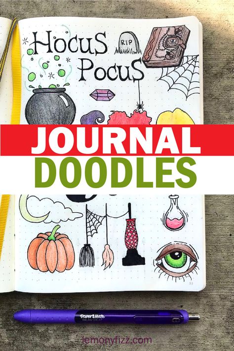 It's just a bunch of Hocus Pocus and you can add all the Halloween shenanigans to your bullet journal. These doodles are perfect for a Hocus Pocus themed planner page or bujo spread. Halloween Journal Doodles, Halloween Bujo Ideas, Hocus Pocus Doodles, Halloween Journaling, Hocus Pocus Book Drawing, Halloween Bujo Theme, Hocus Pocus Drawing Easy, Fall Planner Ideas, Hocus Pocus Drawing