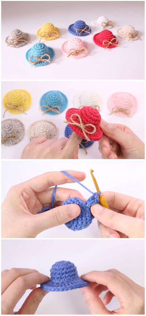 Crochet Mini Hat Keychain, Tiny Crochet Accessories, Little Hats Made From Yarn, Tiny Hats Crochet, Crochet Mini Accessories, Tiny Crochet Hat Pattern, Mini Hat Crochet Pattern, Crochet Amigurumi Hat, Mini Crochet Hats