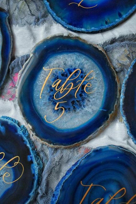 Geode Table, Blue Calligraphy, Wedding Artist, Framed Table Numbers, Table Numbers Wedding Diy, Round Wedding Tables, Picture Frame Table, Wedding Table Number Signs, Agate Decor