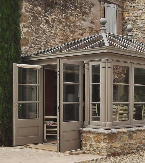 Kitchen Conservatories | Hampton Conservatories Front Porch Conservatory, Sunroom Front Entrance, Orangery Garden Room, Conservatory Mudroom, English Cottage Conservatory, Wrap Around Orangery, Victorian Orangery Extension, Conservatory Entrance To House, Orangery Kitchen Extension