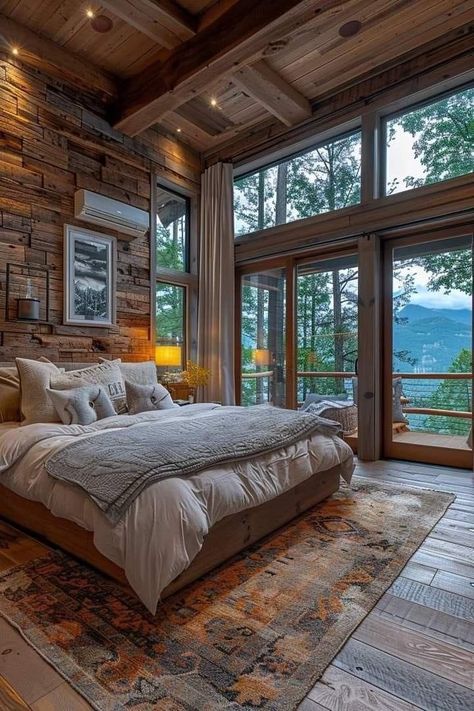 Cozy Rustic Cabin, Rustic Cabin Bedroom, Cabin Houses, Lakehouse Bedroom, Suite Master, Cabin Designs, Dream Country, Woodland House, Cabin Bedroom