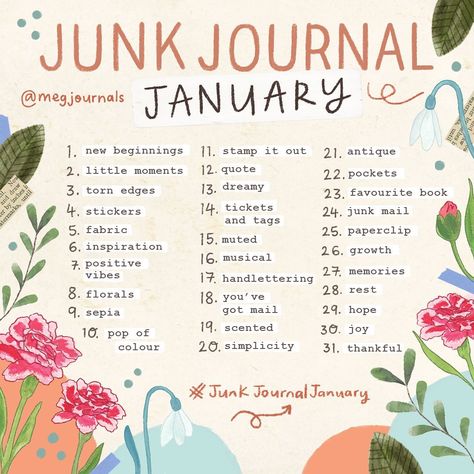 Meg on Instagram: “🥁🥁🥁 #JunkJournalJanuary 2022 is here!! ✨ A month-long junk journal challenge to inspire you to create in your journal. All you need to do…” Junk Journal Challenge, January Journal Prompts, Journal January, Weekly Journal, Prompt List, Journal Challenge, Business Campaign, Art Journal Prompts, Smash Journal