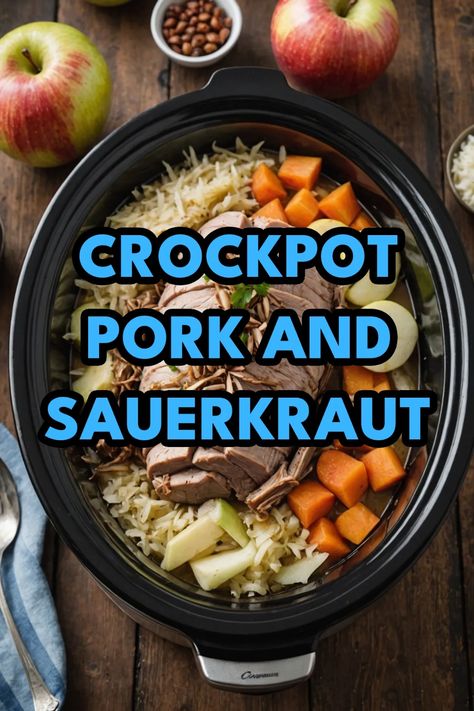 A photo of a  Crockpot Pork and Sauerkraut which is a type of Crockpot Pork Crockpot Mojo Pork, Pork Chop Sauerkraut Recipes, Slow Cooker Pork And Sauerkraut, Pork Chops And Sauerkraut Crockpot, Pork Loin And Sauerkraut Crockpot, Pork Roast And Sauerkraut Crockpot, Pork And Sauerkraut Crockpot, Crock Pot Pork Shoulder Recipes, Crockpot Pork Recipes