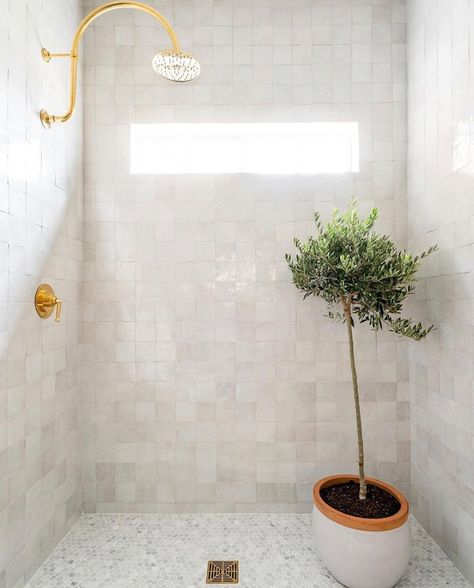 Waterworks on Instagram: “Calm + bright with our Henry shower rose, Dash control valve and Universal drain. Design: @hausofvorwith Photo:…” Zellige Tile Bathroom, Zia Tile, Unsanded Grout, Moroccan Zellige, Bathroom Transformation, Shower Rose, Primary Bathroom, Zellige Tile, Primary Bath