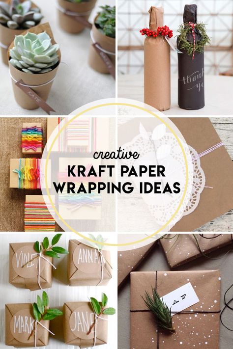 Creative ways to wrap presents using Kraft paper. #christmas #holidays #giftwrap #kraftpaper Kraft Paper Packaging Ideas, Kraft Paper Christmas Wrapping Diy, Diy Kraft Paper Gift Wrap, Decorate Kraft Paper Wrapping, Kraft Paper Christmas Wrapping, Christmas Gift Wrap Brown Paper, Homemade Christmas Wrapping Brown Paper, Wrapping Hacks, Gift Wrap Ideas