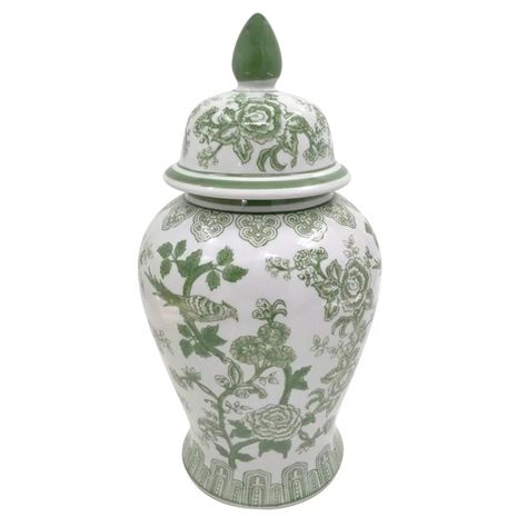 Breigha Temple Jar with Lid - Ceramic Green and White Floral Chinoiserie Decorative Stoneware for Home, Office, Gift Idea Green Ginger Jars, Guess Room, Floral Chinoiserie, Lid Ceramic, Sunset House, Green Chinoiserie, Mantle Shelf, Temple Jar, Vintage Chinoiserie