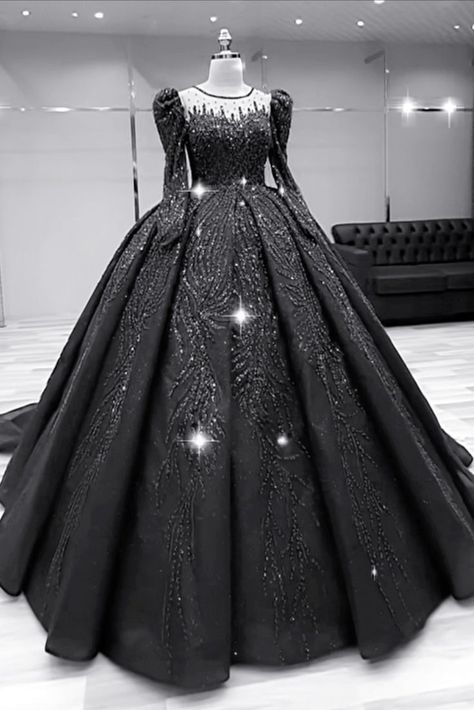 black sparkly wedding dress Ball Gown Long Sleeve, Sparkly Ball Gown, Gown Long Sleeve, Black Wedding Gowns, Sparkly Wedding Dress, Sparkly Wedding, Pretty Wedding Dresses, Ballroom Dress, Gothic Wedding