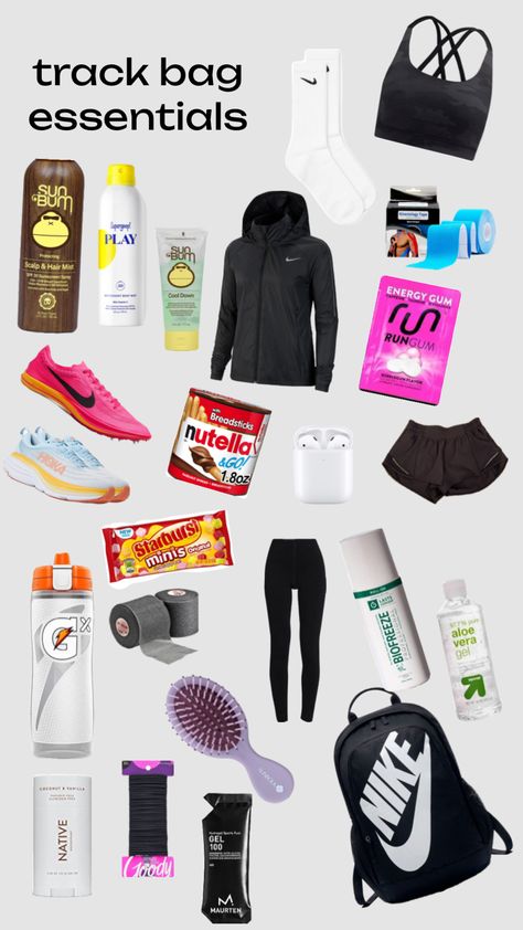 Track essentials #trackandfield #track #trackessentials Tennis Bag Essentials, Sports Bag Essentials, Track Workout Training, Track Bag, Track Uniforms, Track Outfits, Track And Field Sports, Coach Outfits, Track Runners